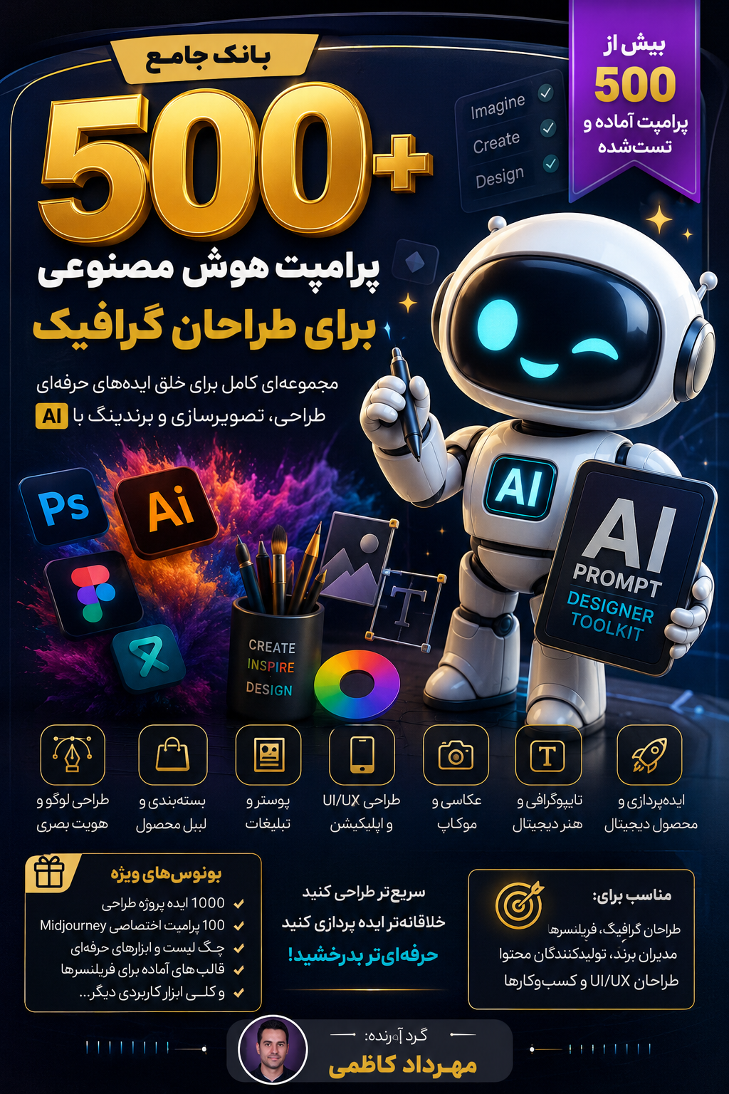 بانک جامع 500 پرامپت هوش مصنوعی برای طراحان گرافیک (AI Graphic Design Prompt Pack)